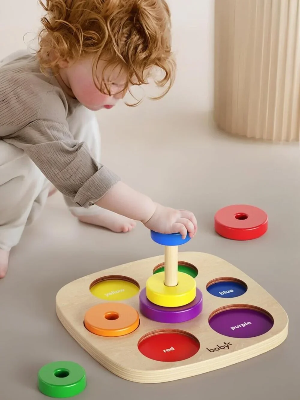 Colorful Wooden Rainbow Ring Stacker Toy for Toddlers - Montessori Learning